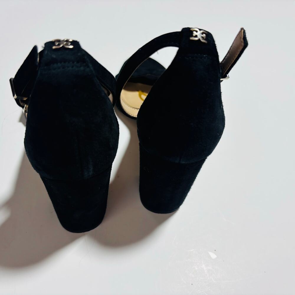 Sam Edelman Suede Scalloped Block Heel Sandals – Black Ankle Strap Heels - Picture 7 of 9